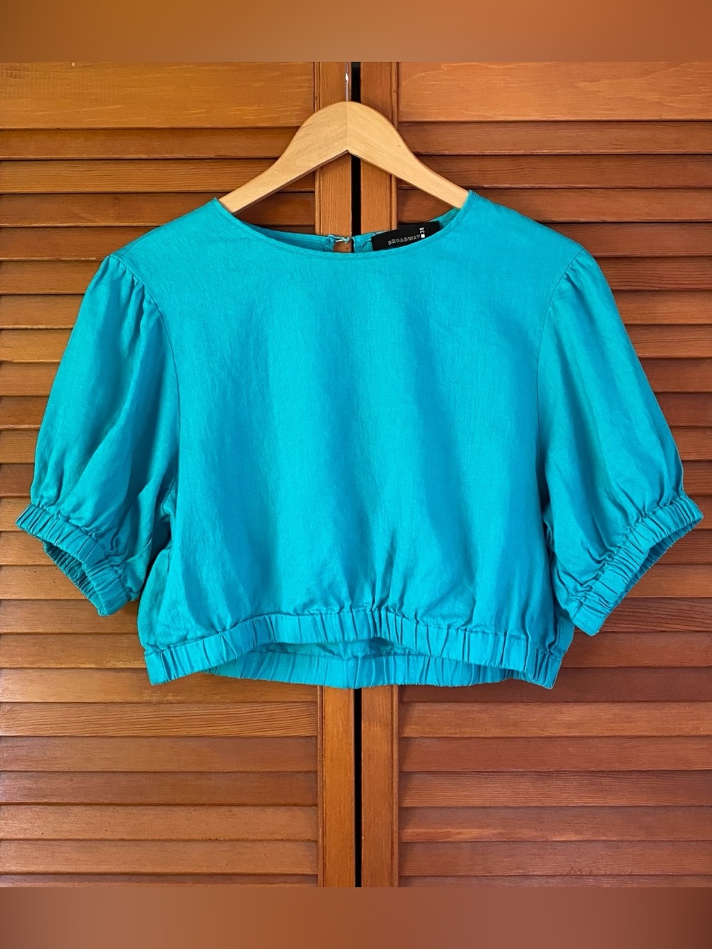 Broadway 38 Top Womens Size Large 100% Linen Turquoise Teal Cropped Shirt Blouse